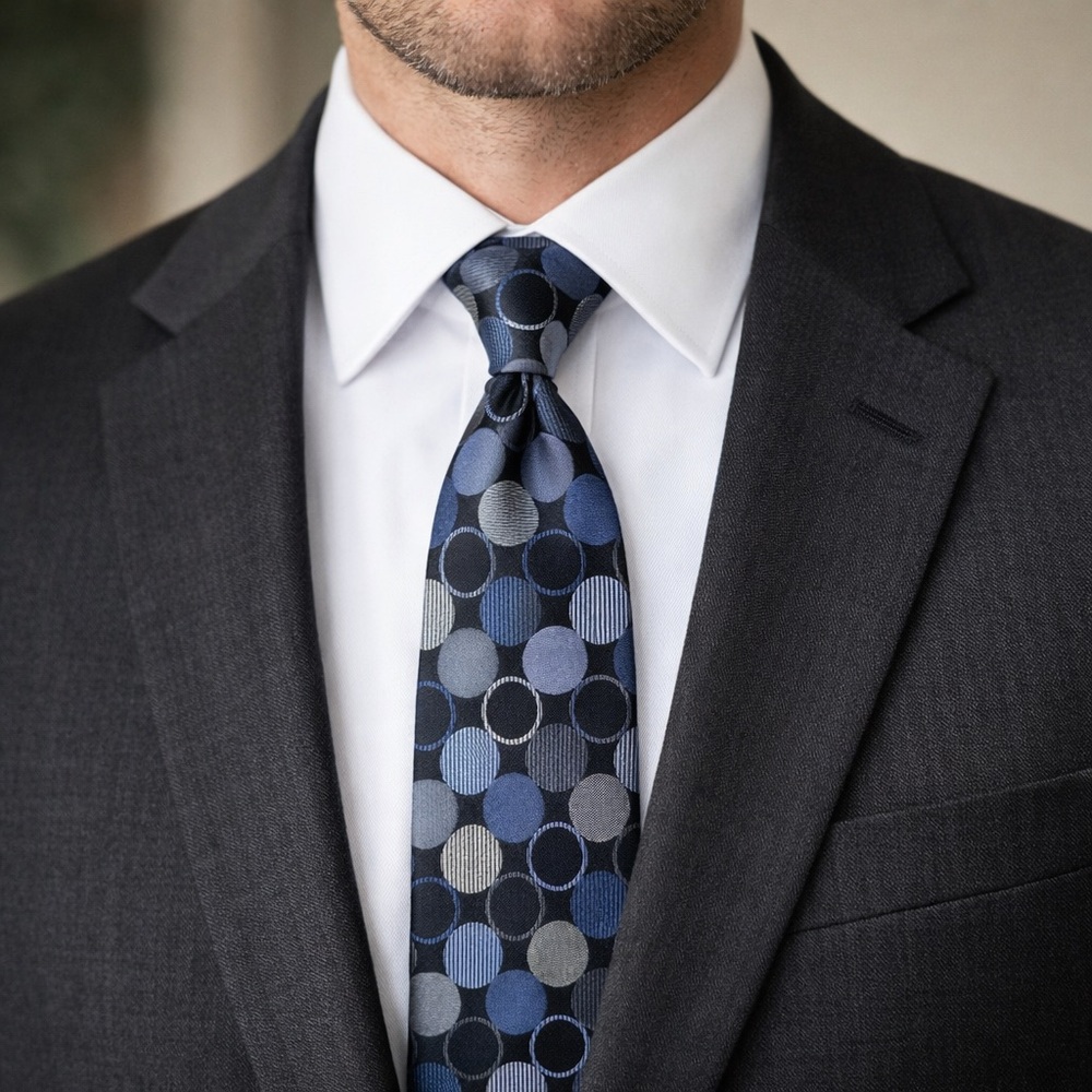 Michael Kors Men’s Tie Navy Blue Gray Geometric Dot Pattern Classic Width